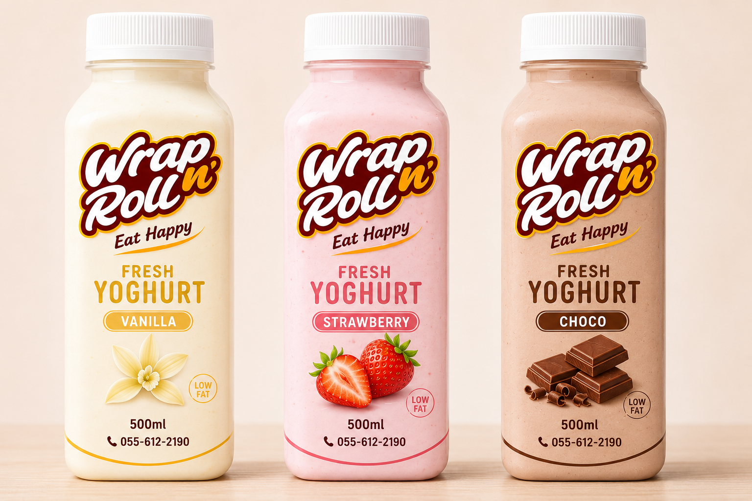 Wrap n' Roll fresh yoghurt in vanilla, strawberry and choco